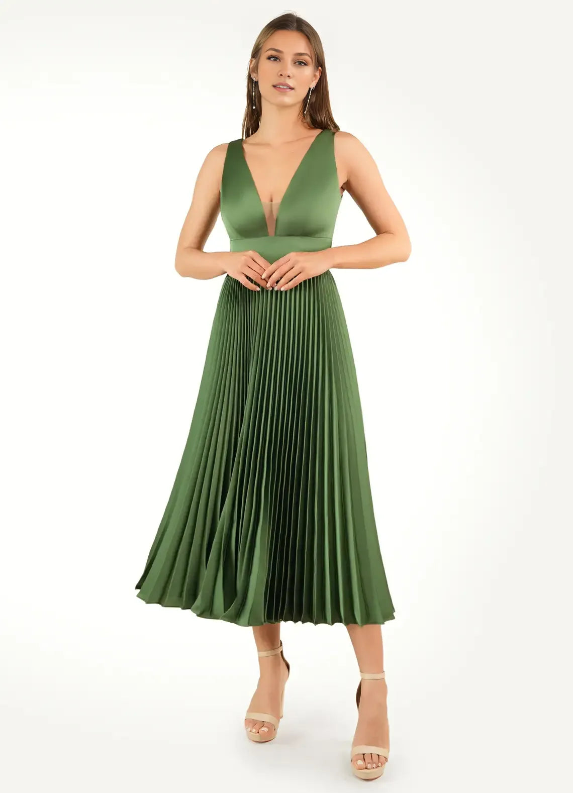 Robe Weitese à col en V profond, robe longue chic olive, sans manches, princesse, longueur thé, plissée, ligne A, robe de bal